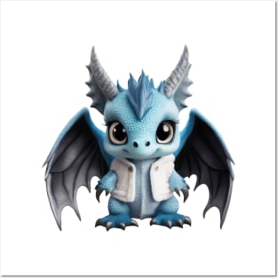 Cute Blue Baby Dragon Wearing a Warm Jacket Posters and Art